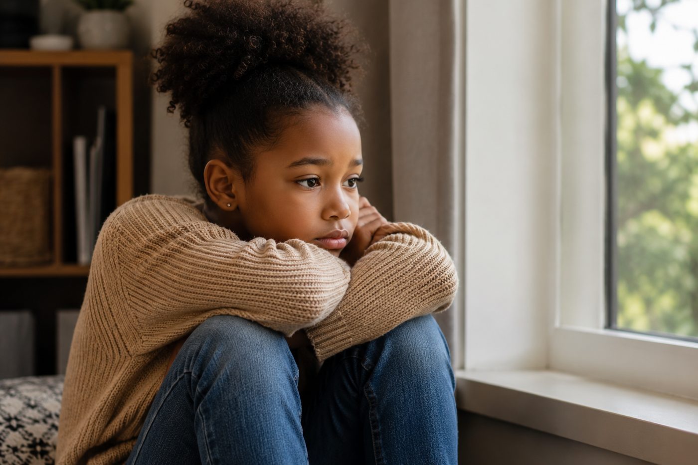 A young girl sitting alone by a window, deep in thought