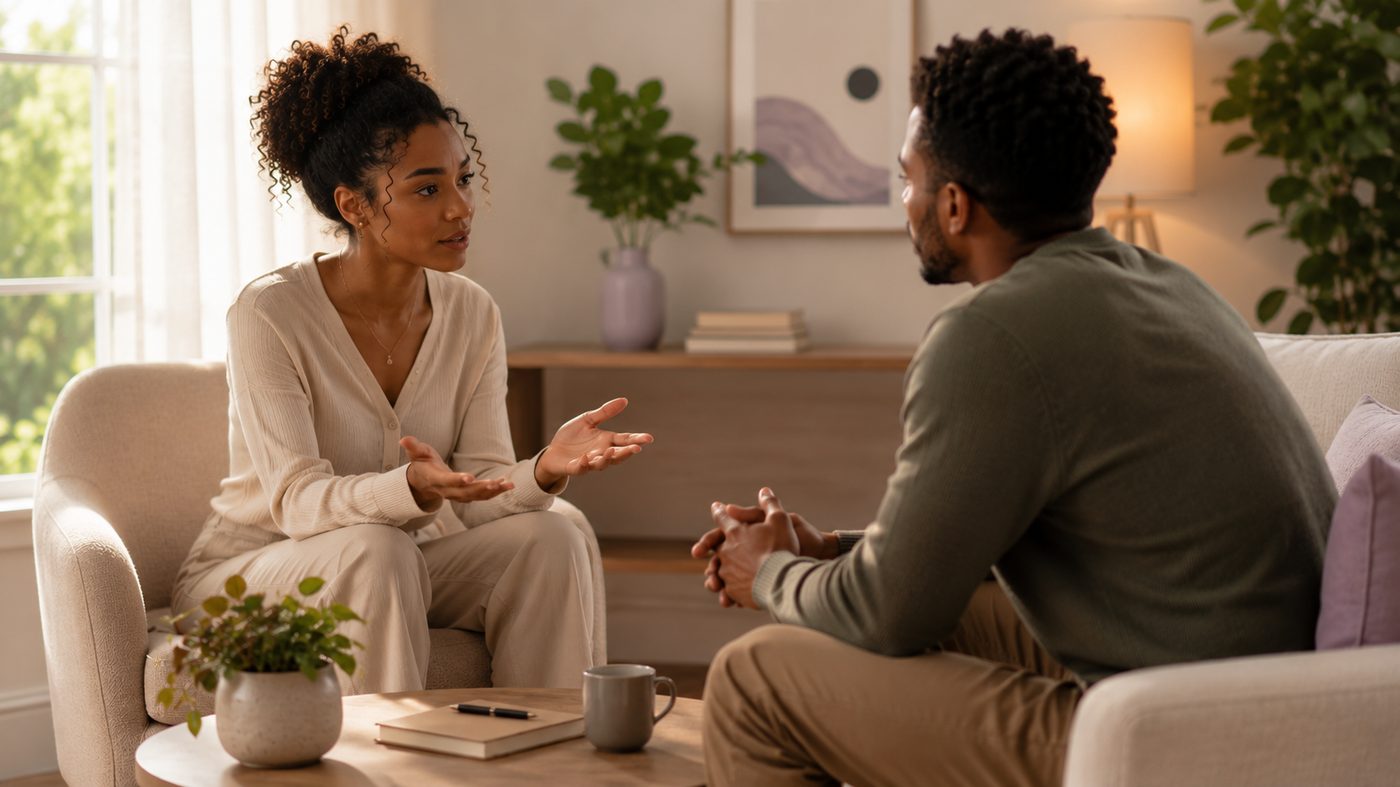 A couple having an honest, calm conversation at home