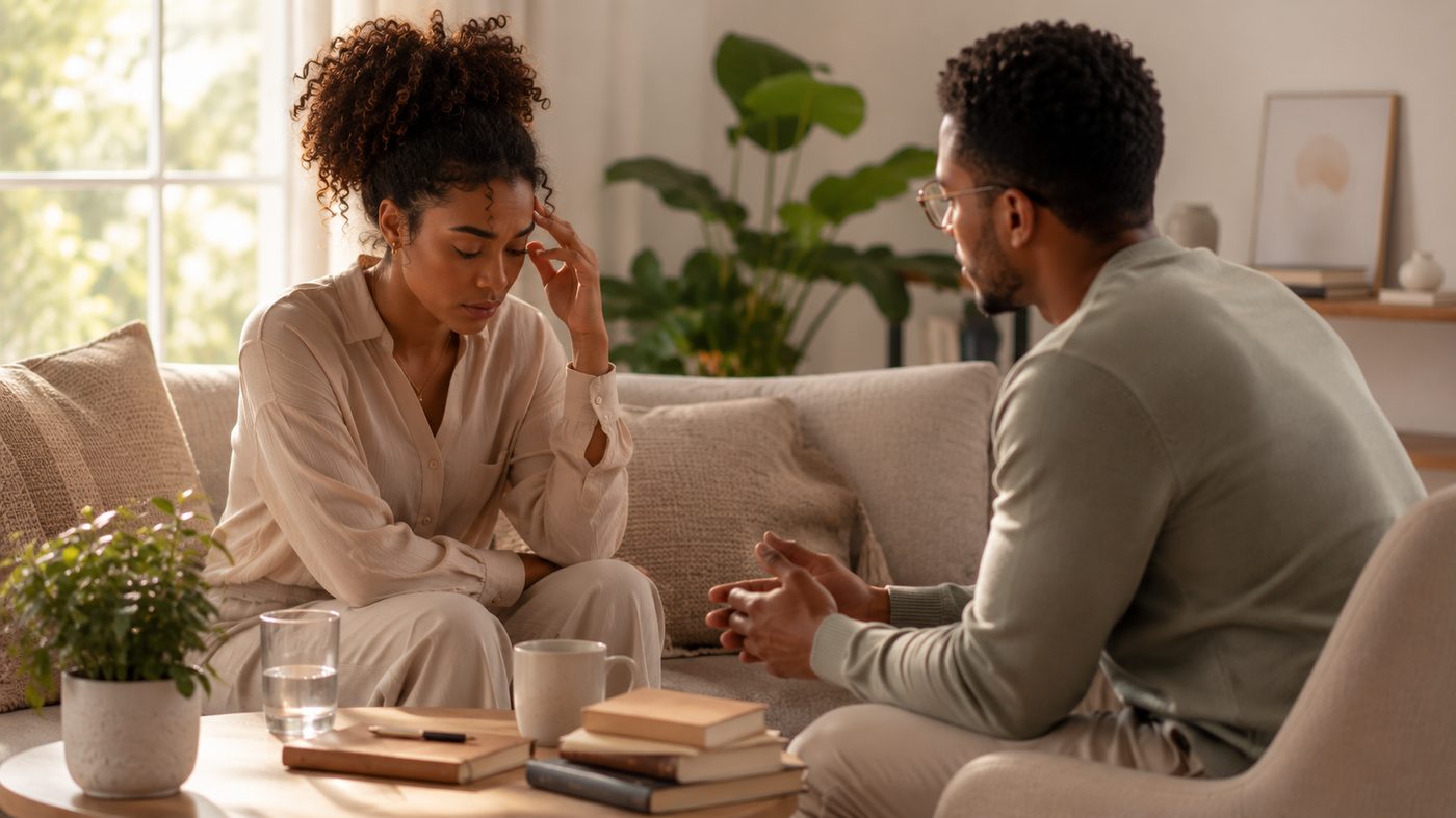 A man and woman in a tense conversation, one visibly withdrawn