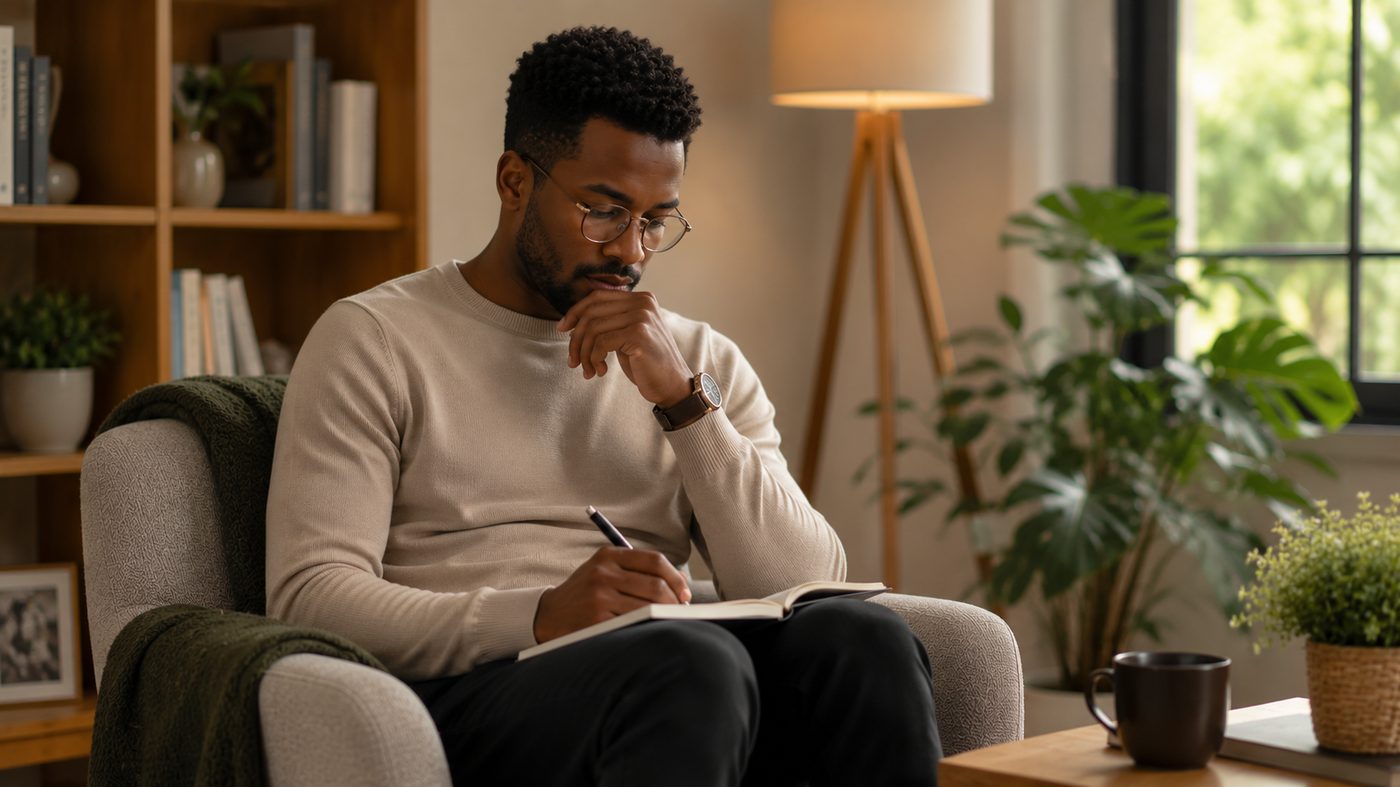 Man thoughtfully journaling in a quiet, cosy space