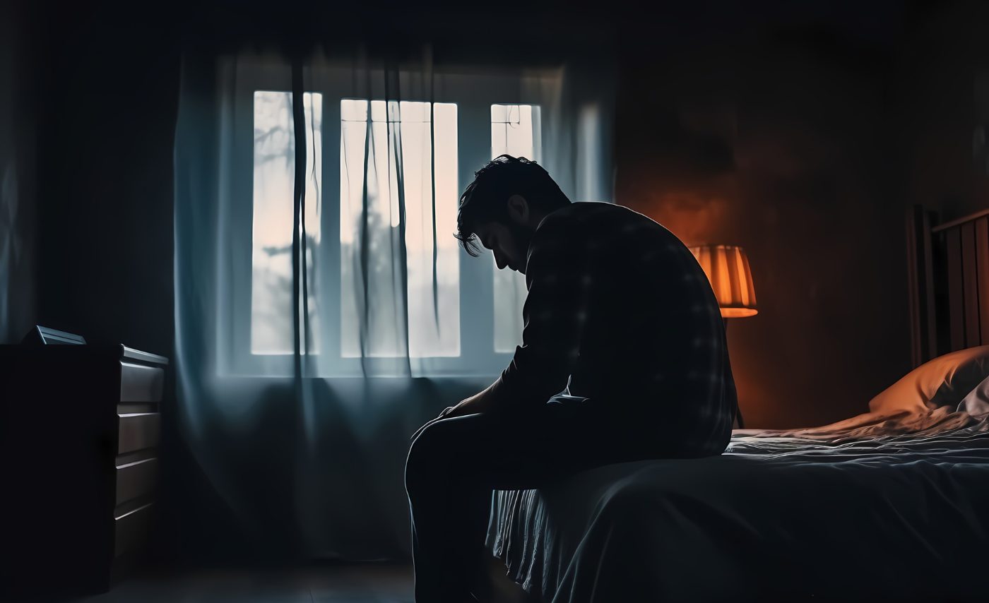 A man sitting alone in a dim room, head down, deep in thought