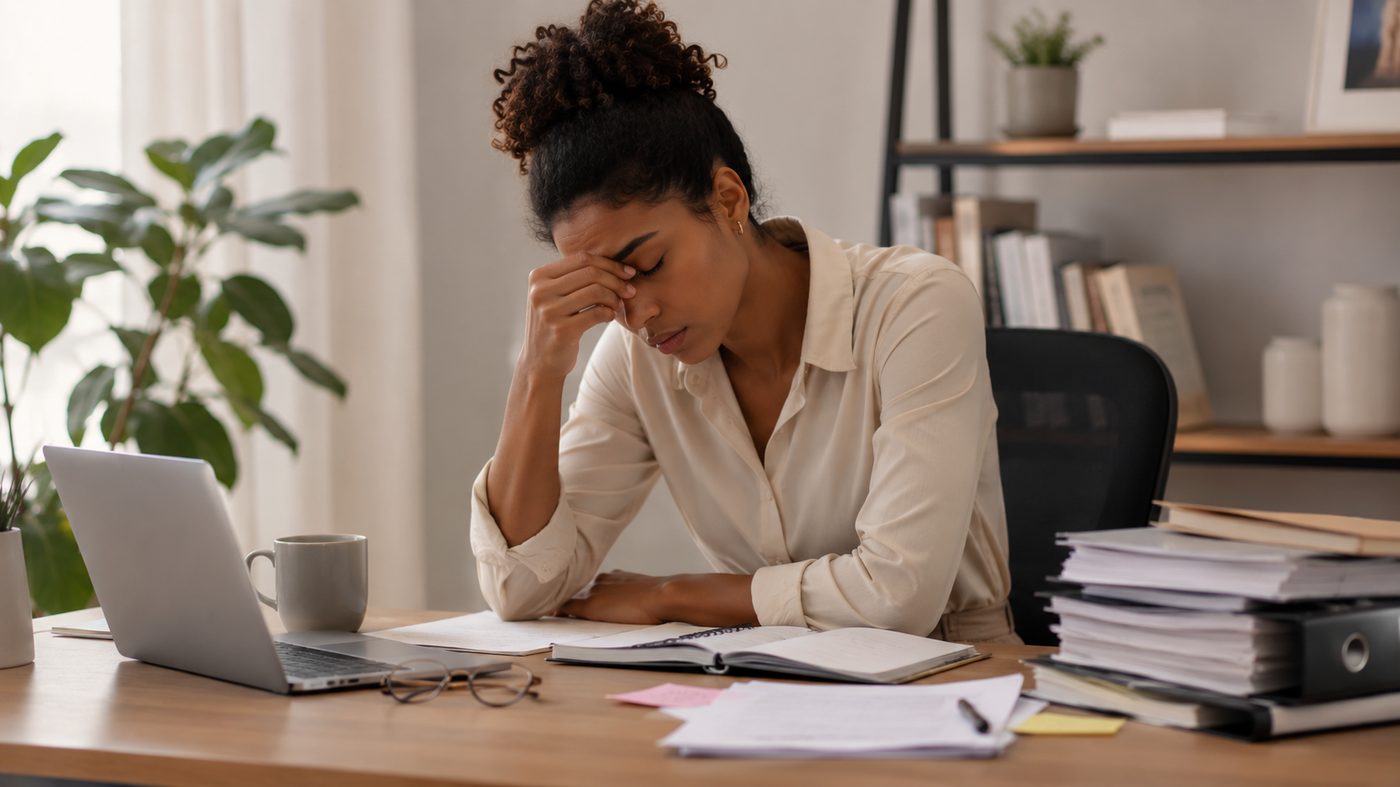 Woman sitting at a desk, head in hand, overwhelmed by thoughts