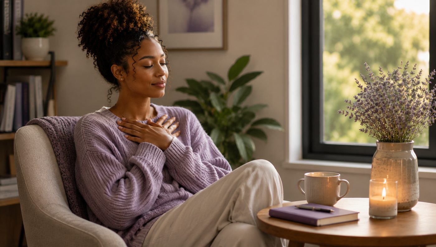 Woman sitting peacefully with her hand on her chest, practising self-compassion