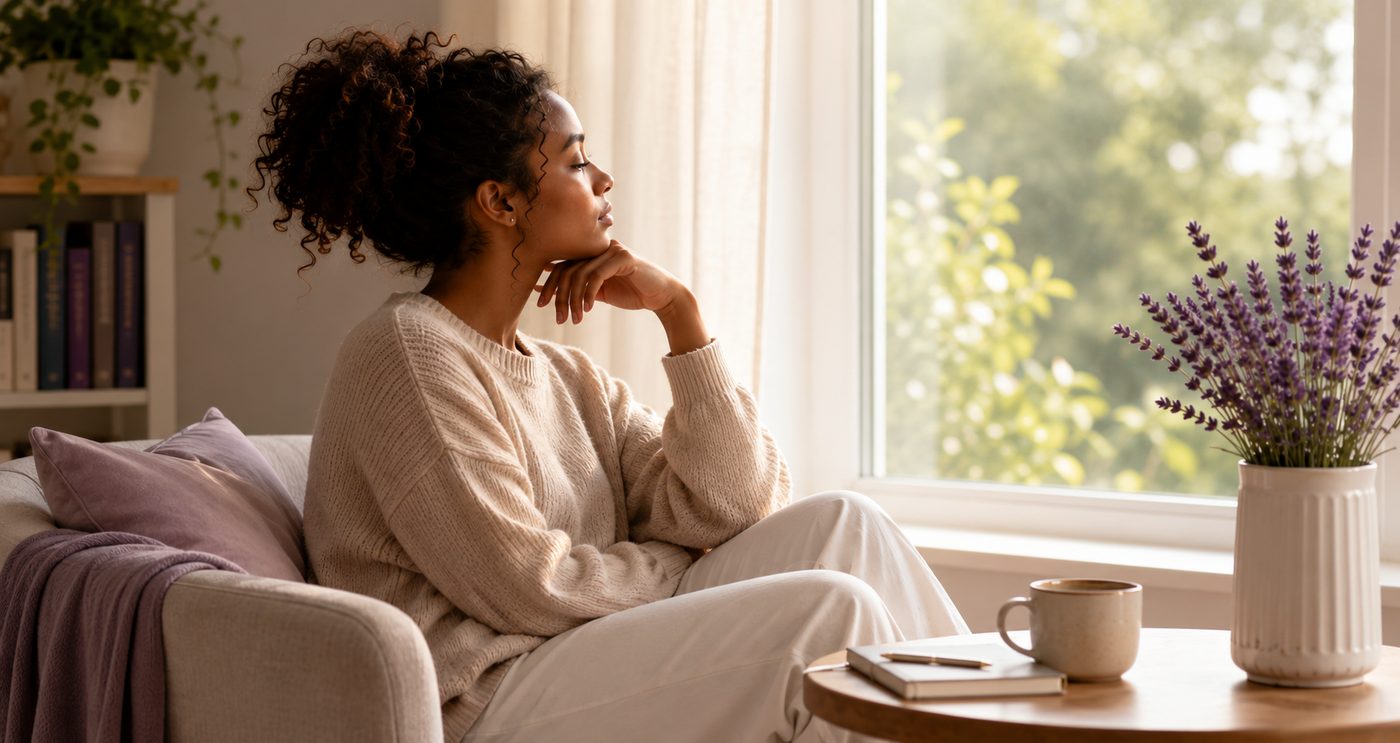 Woman sitting quietly at home, looking out the window