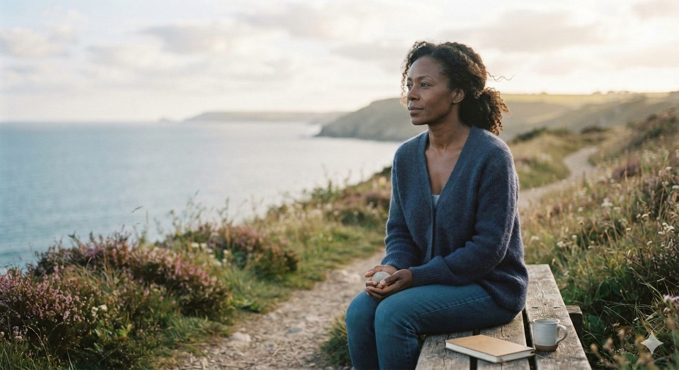 Woman sitting quietly by the sea, reflecting