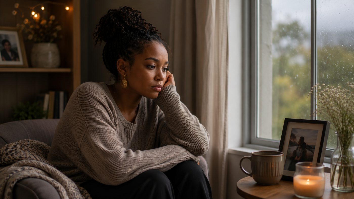 Woman sitting quietly, lost in thought